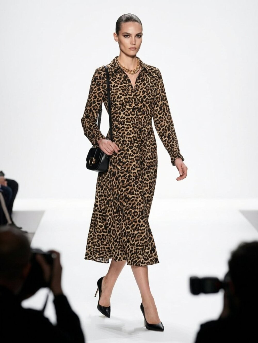 Zara Woman Leopard Print Long Sleeve Midi Shirt Dress L - Pre-Owned